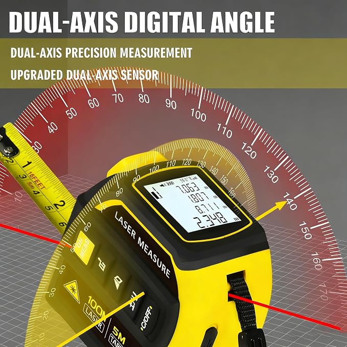 4-in-1 Laser Tape Measure 328FT, Digital Laser Distance Meter,16FT Steel Tape, Dual-Axis Electronic Angle & Crosshair Level,Area/Volume/Pythagorean,LCD Rechargeable Measuring Tool(Yellow)