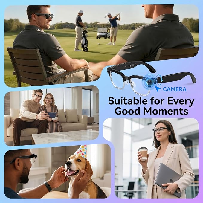 AI Smart Camera Glasses, 1080P HD POV Video Recording and Translator, Object Recognition, Bluetooth Audio for Music Calls, 290mAh Battery, Photochromic Lenses for Vlog, Travel and Work