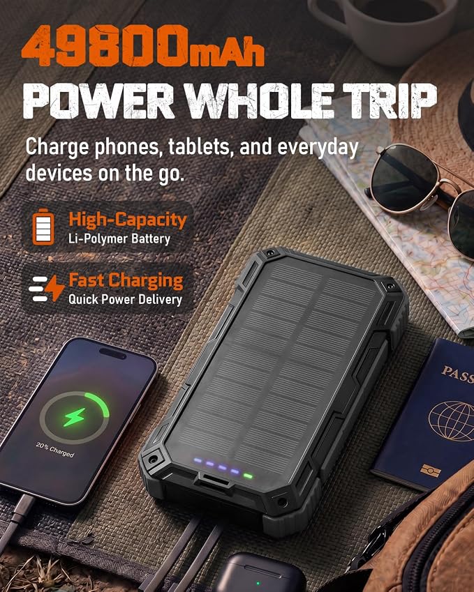 Solar Charger Power Bank - 49800mAh Solar Phone Charger with USB-C in/Output, QC 3.0 Fast Charging with LED Flashlight, Built-in 4 Cables, IP65 Waterproof Fits for Outdoor (Matte Black)