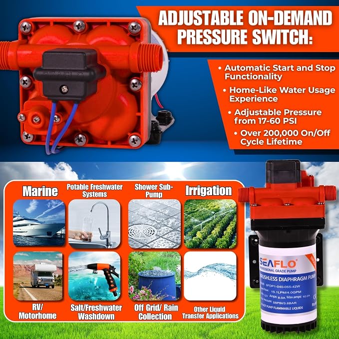 SEAFLO 42W Series 12V DC, 4.0 GPM, 55 PSI Brushless Automatic Demand Diaphragm Water Pressure Pump – Ultra Quiet Operation, Self-Priming, Overload Protection, NSF & UL Certified- 4 Year Warranty!
