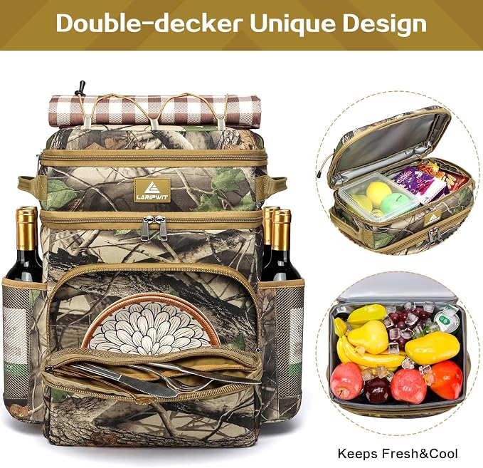 Laripwit Picnic Backpack Cooler - 54 Cans Large Soft Camo Lunch Backpack Bag Insulated Leakproof with Double Deck Compartment