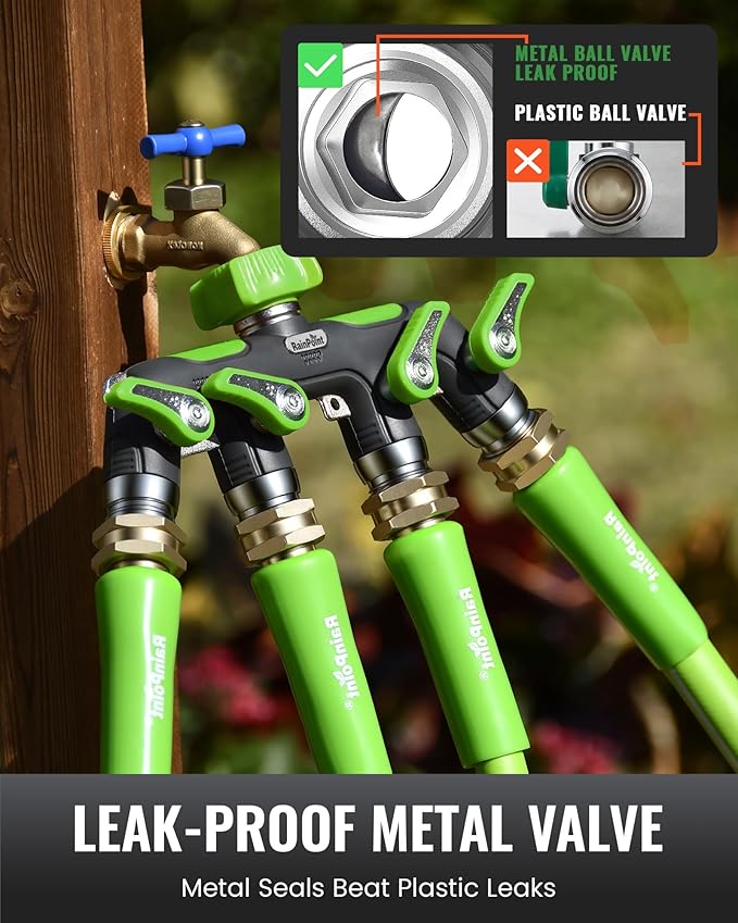 RAINPOINT Sprinkler Hose Timer with 4 Way Heavy Duty Metal Hose Splitter Programmable Watering Timer and 3/4 Inch GHT Spigot Splitter with Individual Shut Off Valves for Faucet and Drip Irrigation