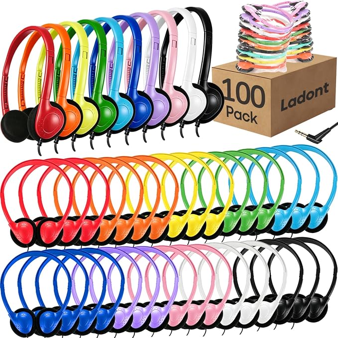100 Pack Classroom Headphones Bulk for Students Kids Boys Girls Teens, Wholesale Wired Multi Color 3.5mm On Ear Headphones for Chromebook Laptop PC Computer