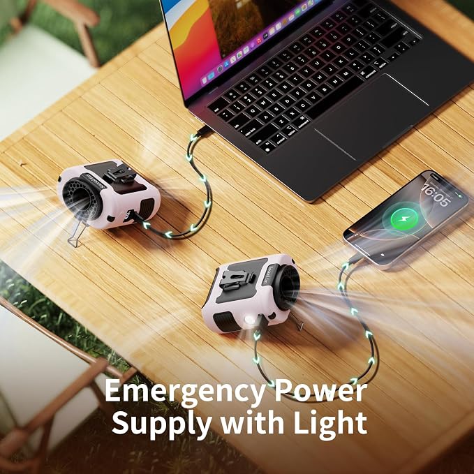 Socool 10000mAh Portable Waist Fan Clip On Personal Fans Rechargeable, 40H Cooling Wearable Belt Shirt Fan with 5 Speed Wind Adjustable & LED Light, Hanging Neck Fan for Outdoor Jobsite Camping