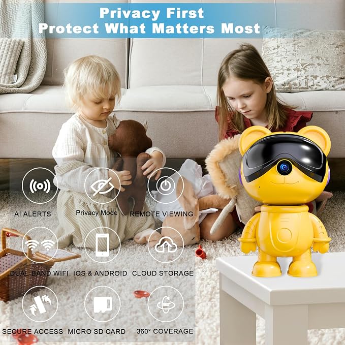 3K 5MP Indoor Security Camera for Home – Cute Bear Baby Monitor & Pet Camera, 2.4/5G WiFi, AI Human & Pet Detection with Auto Tracking, IR Night Vision, RTSP/ONVIF, Works with Alexa & Google