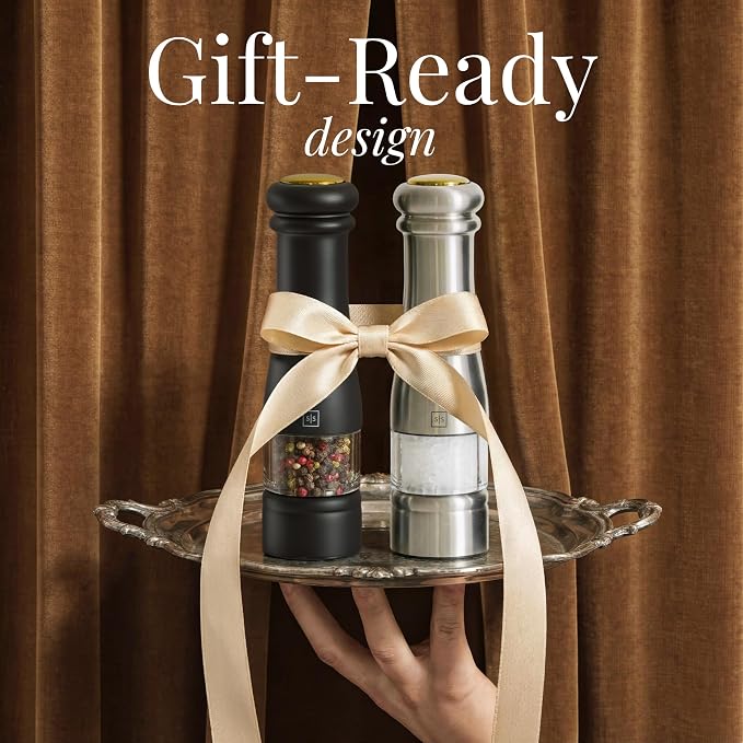 Electric Salt and Pepper Grinder Set - Styled Settings Electric Salt and Pepper Shakers, Automatic Stainless Steel Set with LED Light, Battery Operated, Adjustable Coarseness, Wood Base