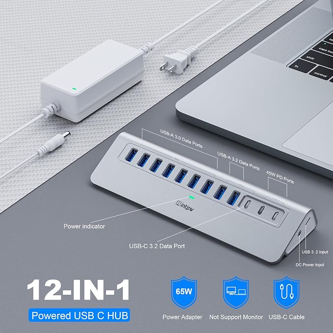 Powered USB Hub 10Gbps, intpw YH9AC 12 Port USB C Hub with 10Gbps USB C 3.2+2 USB A 3.2, 7 USB 3.0, 2 PD 45W Charging Port, 65W Power Adapter + 3.3FT Cable, Aluminum USB Hub for PC/Laptop/iPhone 17/16