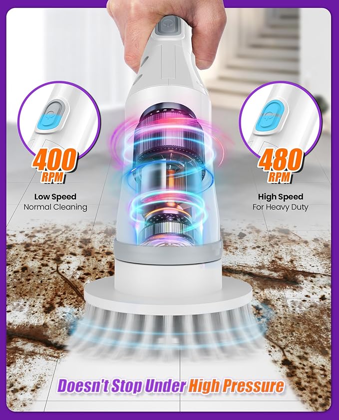 Electric Spin Scrubber, Cordless Shower Scrubber with 5 Replaceable Heads & Adjustable Extension Handle, 2 Speeds & IPX7 Waterproof Cleaning Brush for Bathroom Floor Tile and Grout, White-tb1