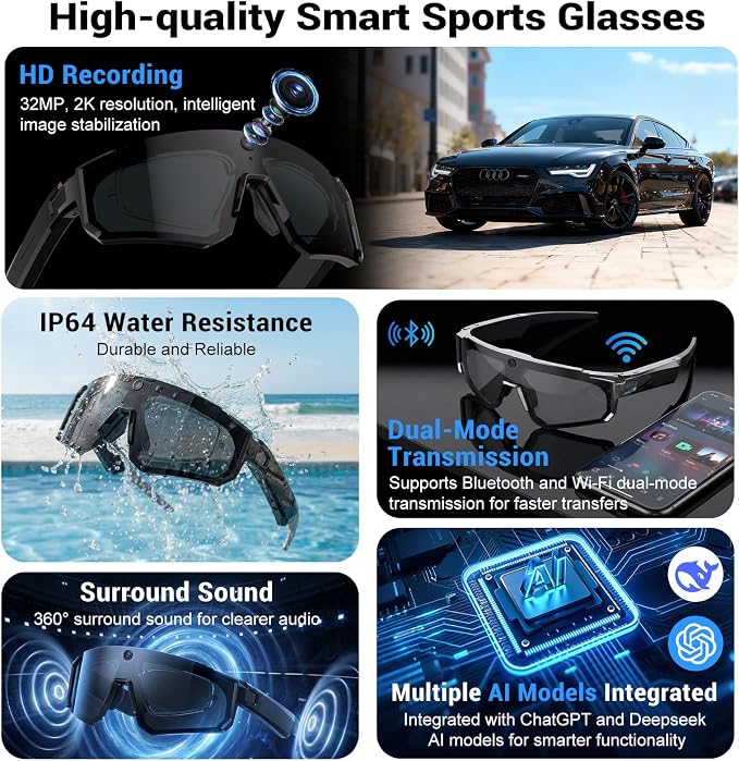 Smart Glasses with Camera and Bluetooth, POV Glasses with Photochromic Lens, 32MP Anti-Shake Camera, EIS Stabilization, IP64 Waterproof Sports Sunglasses for Cycling Running Hiking Baseball