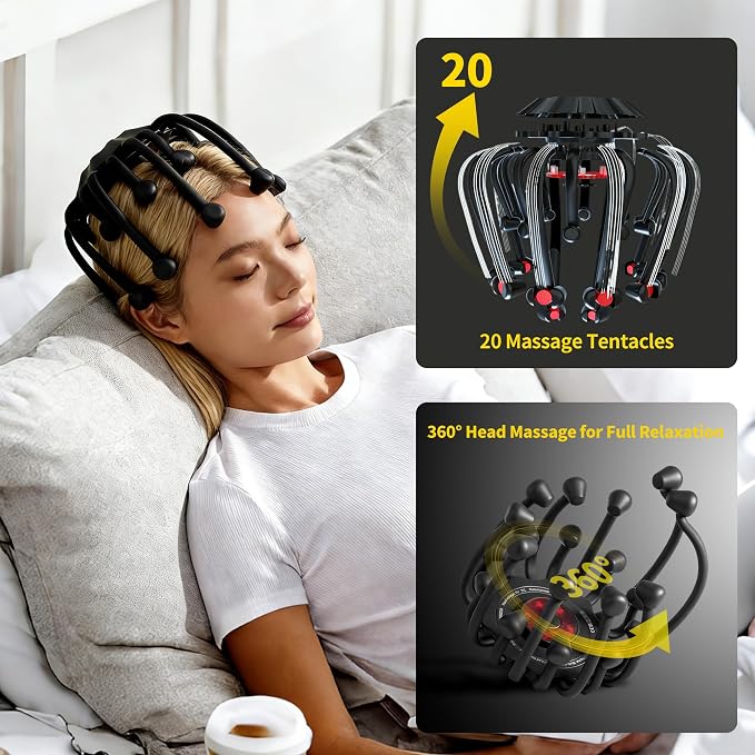 THOUSAND SUNNY Electric Octopus Head Massager for Scalp, 360 Scalp Stress Relax Massage Tool Hands Free with 20 Massage Nodes