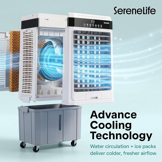 SereneLife Portable Air Cooler with 2800 CFM Power – High-Performance Evaporative Air Cooler for Indoor and Outdoor Spaces, 35 L Tank, 60° Oscillation, 12-Hour Timer, Remote Control Cooling System
