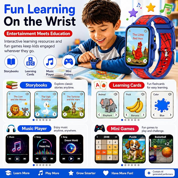 Smart Watch for Kids Boys Age 5-12, Ai Functions Games HD Touch Screen Watches with Video Camera Music Player Pedometer Heart Rate Sleep Tracker Christmas Birthday Gifts for Boys (Blue and Red, 1.85")