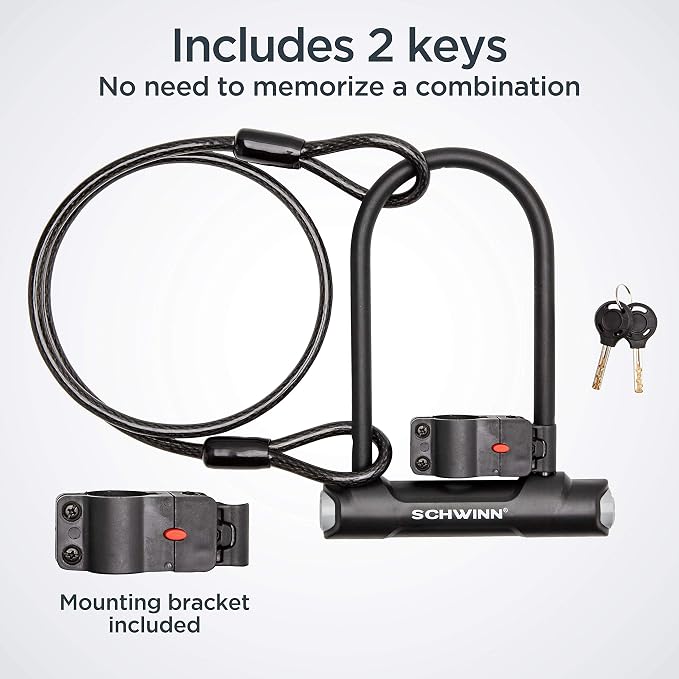 Schwinn Bike U-Lock with Cable, 4 ft x 10 mm Cable, Black, Vinyl Coated Steel Shackle, Mounting Bracket for Storage and Transport, Anti Theft Protection, Shackle Bike Lock for Security