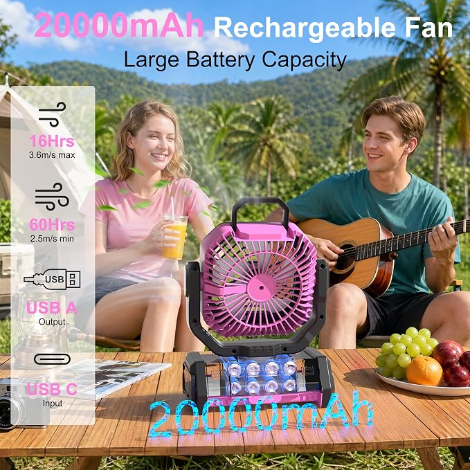 Honesorn Portable Fan Rechargeable 20000mAh, Camping Fan with LED Light & Remote, USB C Cordless Battery Powered, 4 Speeds Timer Hanging Hook for Travel Tent Outdoor Essentials - Pink
