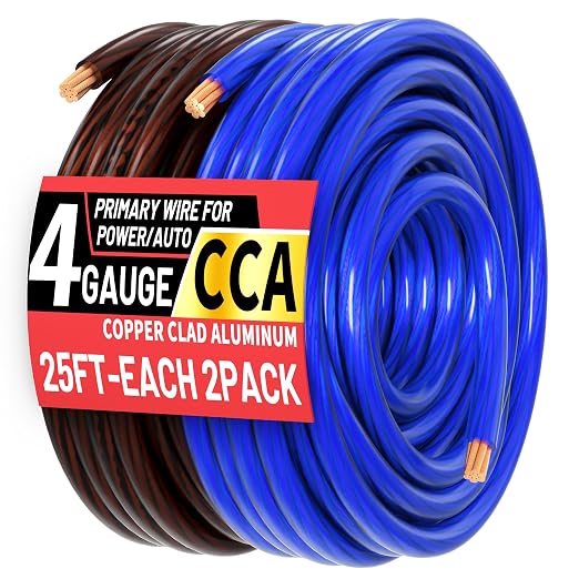4 Gauge Wire(25FT Black + 25FT Blue) Copper Clad Aluminum CCA Battery Cable, Primary Power/Ground Cable for Car Audio Speaker, RV Trailer, Marine, Solar Equipment, Translucent Jacket