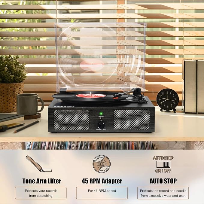 Vinyl Record Player Wireless Turntable with Built-in Speakers and USB Belt-Driven Vintage Phonograph Record Player 3 Speed for Entertainment and Home Decoration Black