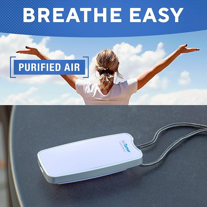 AirTamer A310W Wearable Personal Air Purifier, Rechargeable, White | Ionic negative-ion technology, no filters. Proven virus reduction. Metal Travel case included. For flights, office, commute