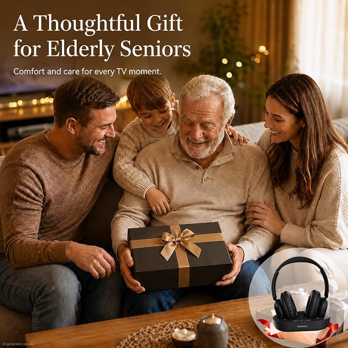 Wireless Headphones for TV, TV Headphones Wireless for Seniors with Charging Dock, 65H Playtime, Low Latency, Plug-Play, Optical RCA AUX Bluetooth, Assistive Hearing Headset, Gifts for Elderly