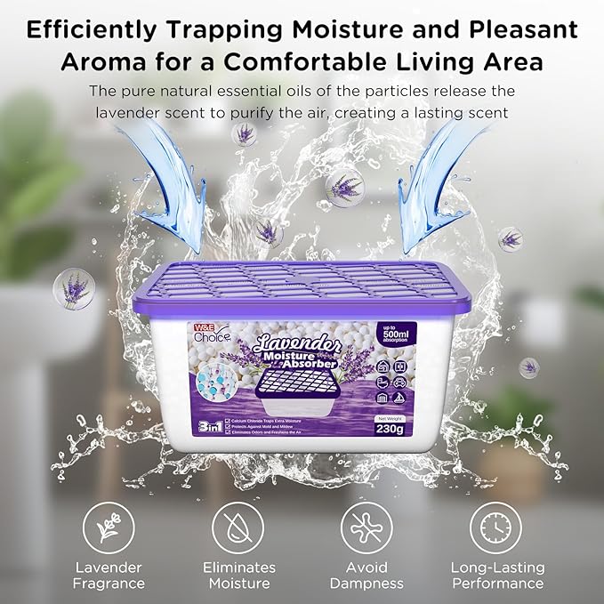 W&E Choice Moisture Absorber, Lavender Scented Dehumidifier for Home, Portable Humidity Absorber Boxes for Your Bathroom, Closet & Car, Bulk Humidity Pack for Home 12 Pack