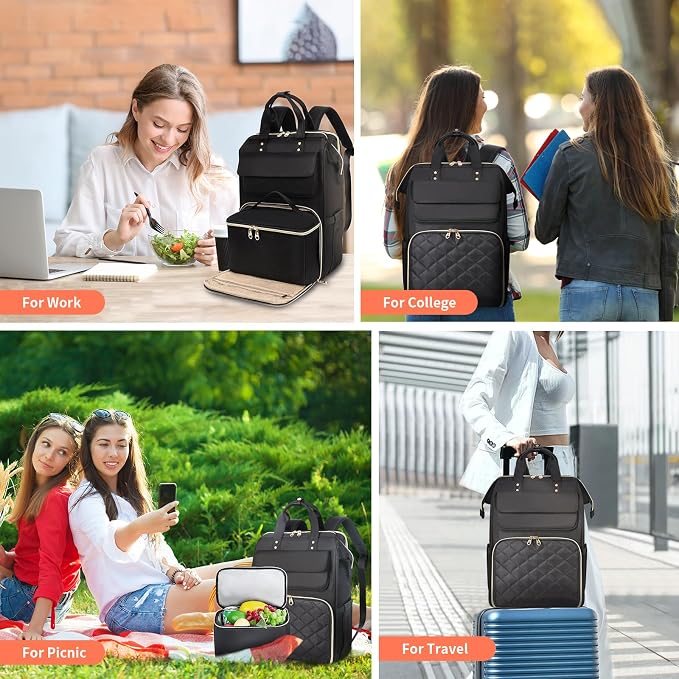 BERTASCHE Lunch Backpack for Women, 17.3 Inch Laptop Backpack with Insulated Cooler Lunch box, Nurse Backpack for Teacher Work Travel College Picnic, Black