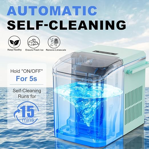 NEWBULIG Ice Makers Countertop with Handle, Portable Ice Machine, 9 Bullet Ice Cubes in 6 Mins, 26lbs in 24Hrs, Auto-Cleaning, with Basket and Scoop, for Home, Kitchen, RV, Camping, Green