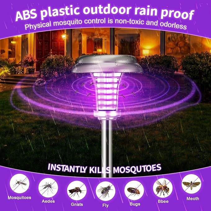 4 Pcs Solar Bug Zapper Outdoor Waterproof Mosquito Repellent Light Solar Power Fly Killer Lamps for Moths, Gnats, Fly, Small Flying Insect Backyard Garden Lawn (Stainless Steel,Purple & Warm Light)