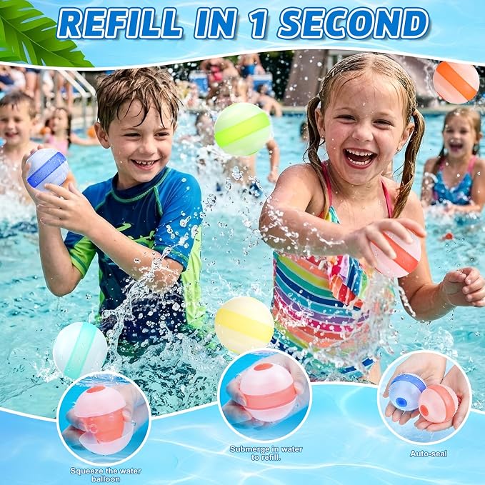 6 Pcs Reusable Water Balloons, Pool Beach Water Toys for Kids, Refillable Water Balloons, Quick Fill, Self-seal, Soft Silicone Water Ballons - Outdoor Summer Toys for Kids Ages 3-12