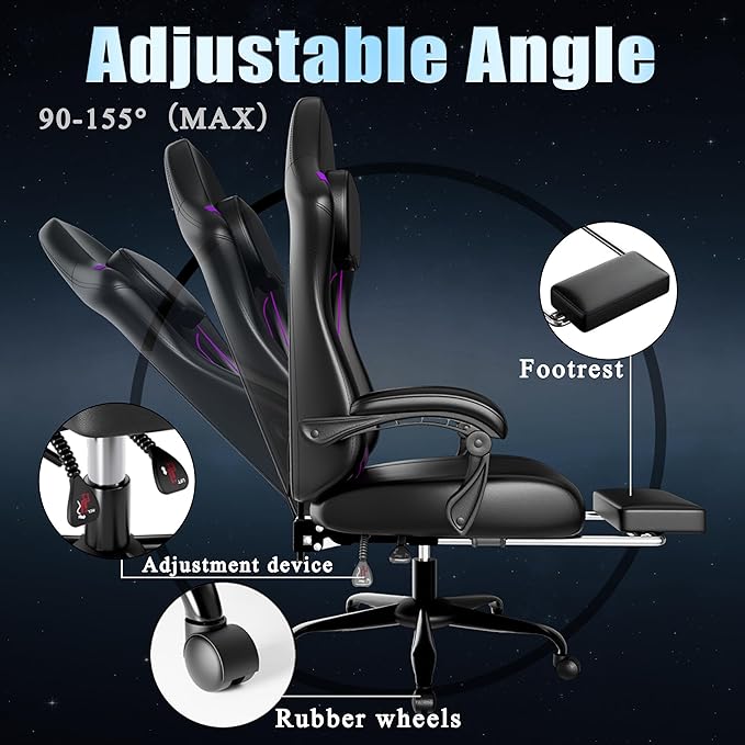Ergonomic Gaming Chair, Video Game Chair with Pocket Spring Cushion and Footrest, Height Adjustable Computer Chair with Swivel Seat and Headrest (Purple)