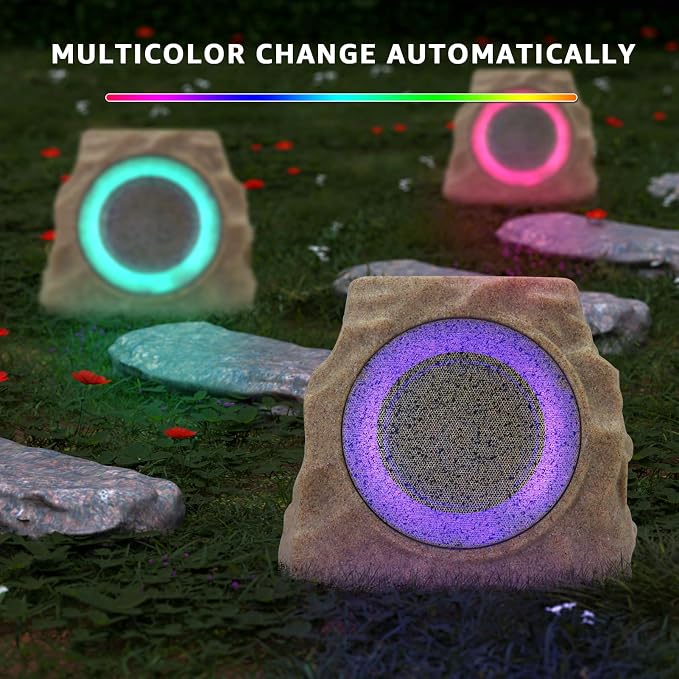 uuffoo 2-Pack Solar Powered Rock Speakers Outdoor Water-Resistant IP44 Rock Speaker with Lights RGB Colors and USB Charging for Patio Pool Party Yard Garden Outside