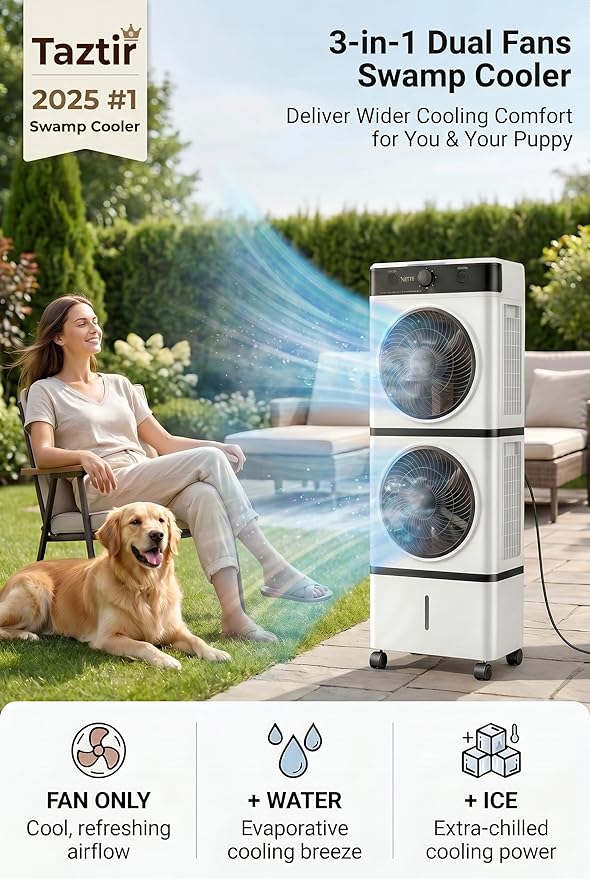 Dual Fans 3-IN-1 Evaporative Swamp Cooler, Portable Tower Fans that Blow Cold Air, 2L Water 2 Modes, 3 Speeds,12H Timer, 4 Ice Packs & 4 Wheels, 45°Oscillation, 35ft/s Velocity Quiet for Room Office