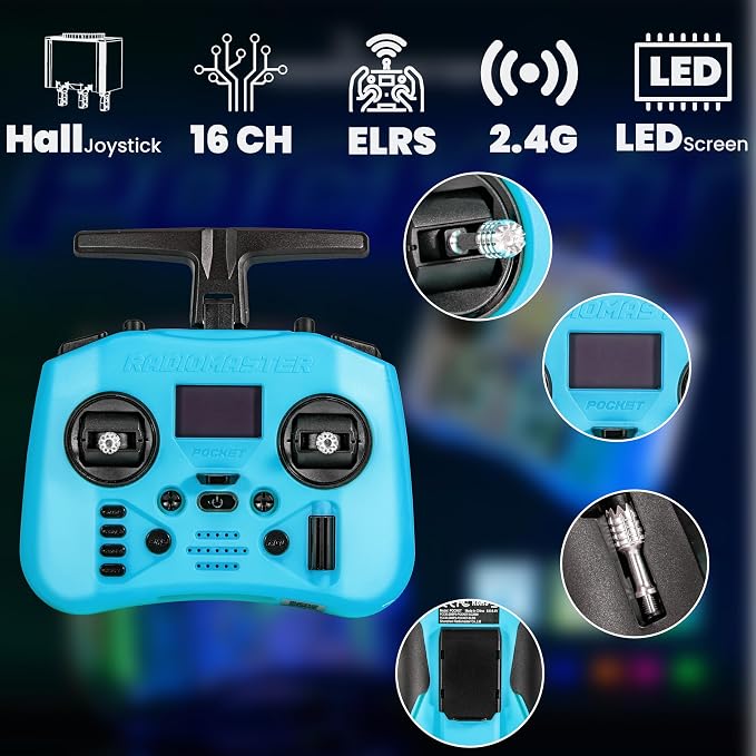 Radiomaster Pocket ELRS Remote Controller Portable Hall Gimbal EdgeTX 2.10.5 Transmitter with LED Light for FPV Drone/RC Helicopter&Car Boats&Multirotor (Battery Not Included)