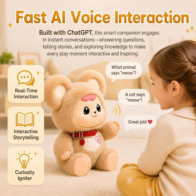 11.8" H AI Companion for Kids 3+, Smart AI-Powered Plush Interactive Toy | No-Screen Communicatible Stuffed Animal with ChatGPT, Rechargeable Doll with Multi-Languages Storytelling&Learning Assistant