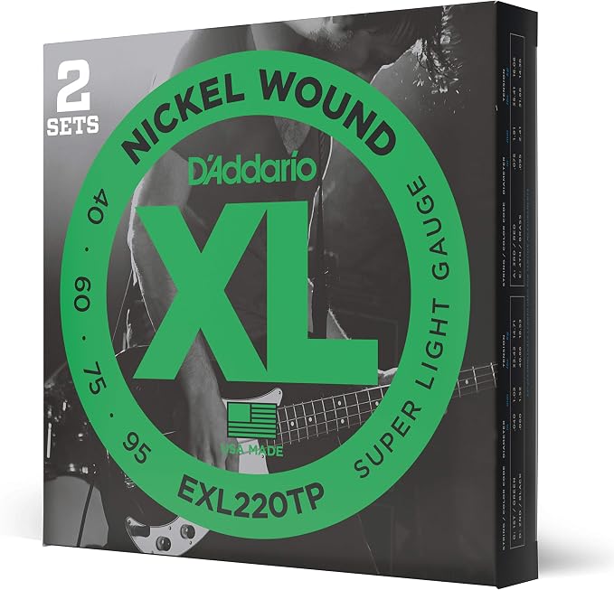 D'Addario Electric Bass Guitar Strings, XL Nickel, EXL220TP, Super Light Gauge 40-95, Long Scale, 4-String Set, Pack of 2