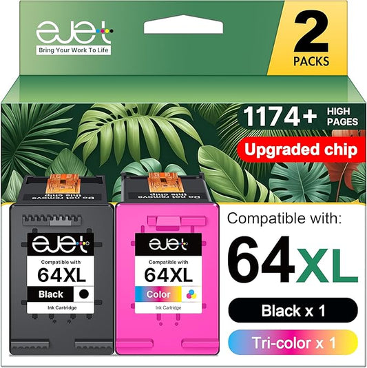 64XL Black & Tri-Color Ink Cartridge High-Yield for HP Ink 64 XL for HP 64XL Ink Cartridge Combo Pack HP64 Work with Printer Envy Photo 7855 7858 7155 7158 7900 7800 6255 6258 Tango X Terra (2 Pack)