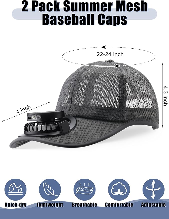 Yaomiao 2 Pcs Solar Baseball Cap with Fan Unisex Sun Protection USB Charging Fan Mesh Hat for Summer Outdoor