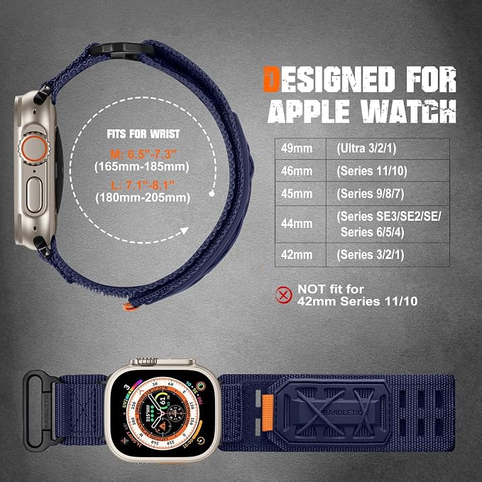 Bandletic Compatible with Apple Watch Bands 45mm Men Women, Wide Tactical Military Nylon Rugged Soft Sport Loop for iWatch 49mm(Ultra 3/2/1),46mm(11/10),45mm(9/8/7),44mm(SE3/SE2/SE/6/5/4),42mm(3/2/1)