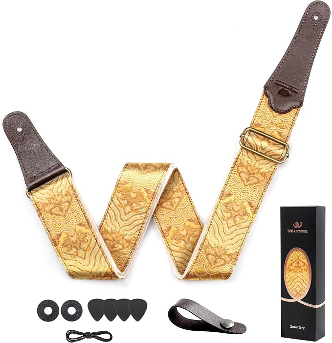 Guitar Strap, Electric& Acoustic Bass Guitar Straps,Embroidered Filament with Head Cowhide Leather Strap, with Free Strap Button,2 Guitar Strap Locks，4Guitar Pick (Gold Water Pattern)