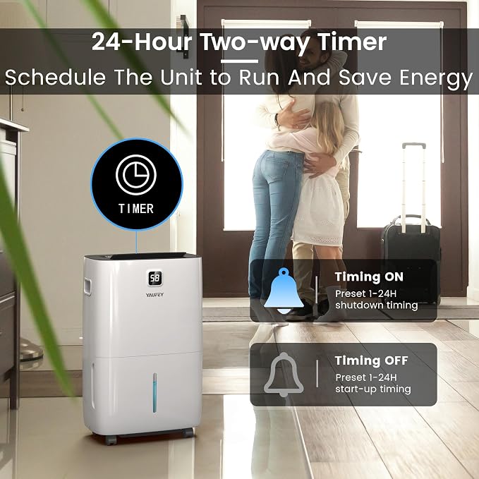 Yaufey 150 Pints Dehumidifier for Home, Basement and Large Room up to 8000 Sq. Ft., with Drain Hose, Timer, Intelligent Humidity Control and Large Water Tank