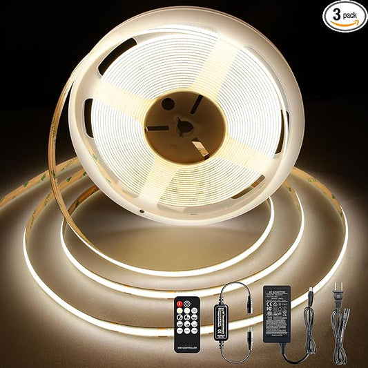 Pandery LED Strip Lights 32.8FT,Dimmable cob led Strip with Adapter and Remote,24V Strip Lights CRI90+ 8mm Wide 3840leds,Natural White 4000K Indoor led Tape,Perfect for Cabinet,Room,Kitchen,TV