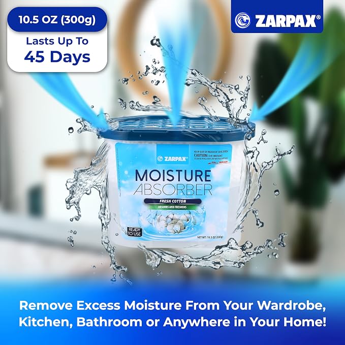 ZARPAX Moisture Absorber Fresh Cotton 10.5 oz/300g | Removes Moisture, Damp & Humidity | Odor Absorber With Fresh Cotton Fragrance | Moisture Trap for Bathroom, Closet, Kitchen | Set of 4