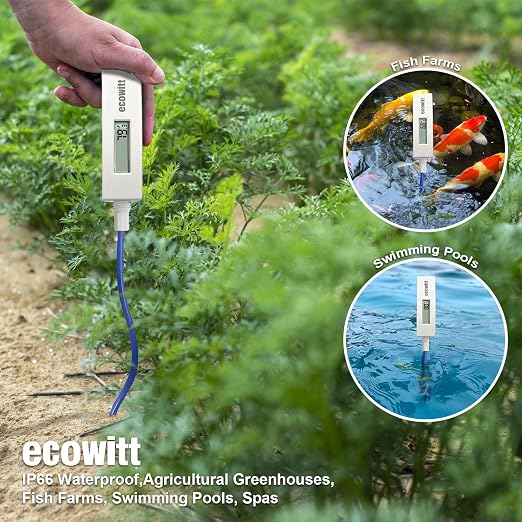 ECOWITT WN34BD Thermometer, with LCD Display and 3.28 ft/1m Silicone Wire Sensor Probe, Suitable for Pool, Pond, Liquid, Air, Soil Temperature, Support Ecowitt Cloud System, 915 MHz