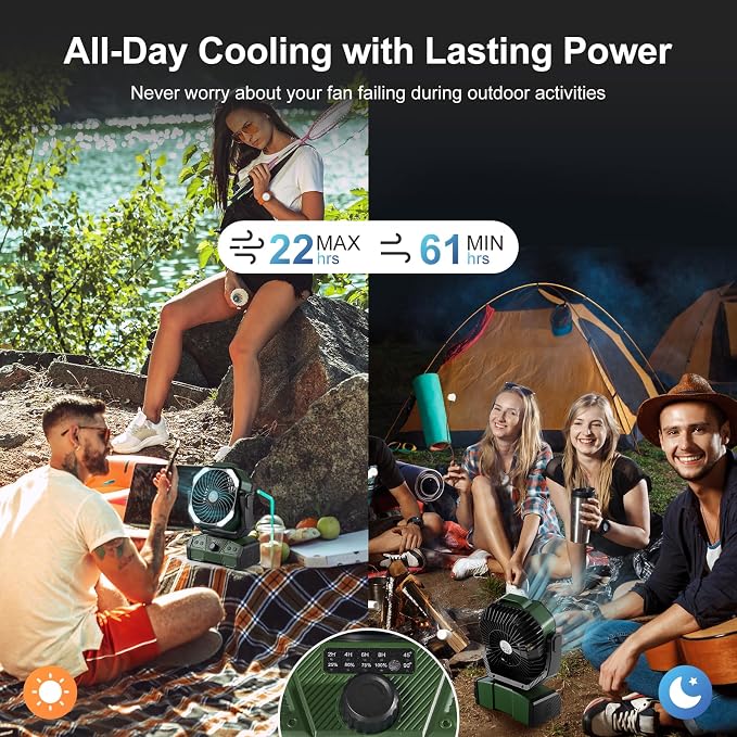 Odoland 40000mAh Camping Fan with LED Light, Battery Operated Oscillating Desk Fan with Remote & Hook, Rechargeable Outdoor Tent Fan with Timer for Hurricane Power Outage Travel Jobsite RV, Green