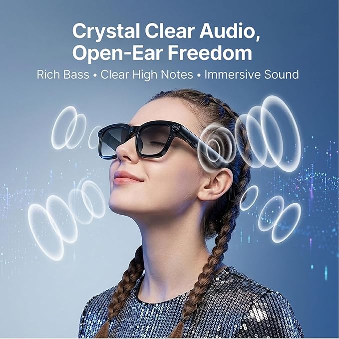 AI Smart Camera Glasses, 1080P HD POV Video Recording and Translator, Object Recognition, Bluetooth Audio for Music Calls, 290mAh Battery, Photochromic Lenses for Vlog, Travel and Work