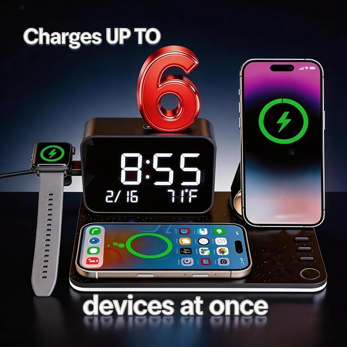 25W Magnetic Wireless Charging Station with Bluetooth Clock, 7-in-1 Rotatable Stand with Dimmable LED Lamp, 65W Adapter, Charger for iPhone 17/16/15 Apple Watch AirPods Bedside Nightstand Desk