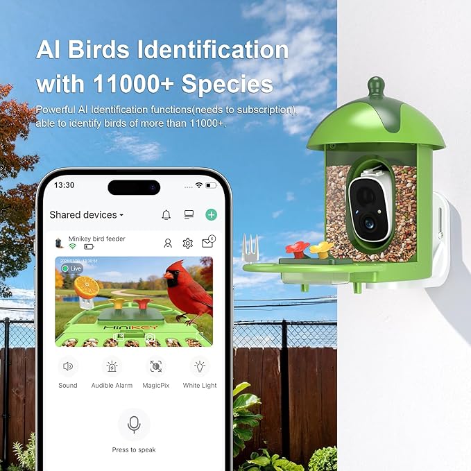 Smart Bird Feeder with Camera Outdoor Birdhouse: AI Identifies 11000+ Species, 2K HD with Arrival Alerts, Attracts Hummingbirds, Dual Squirrel-Proof, Solar Powered, Gifts for Bird Lovers Mom Dad
