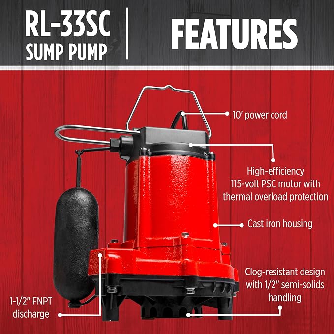 Red Lion RL-33SC 1/3 HP, 115-Volt, 3420 GPH Cast Iron Sump/Effluent Pump with Snap-Action Float Switch, Red, 14942652