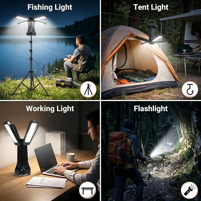 16000mAh Telescopic Camping Light, Rechargeable LED Lantern with Tripod Stand, Portable Flashlight & Power Bank, 300° Rotatable Dimmable Tent Light, Magnetic Base & SOS for Hiking, Fishing, Camping