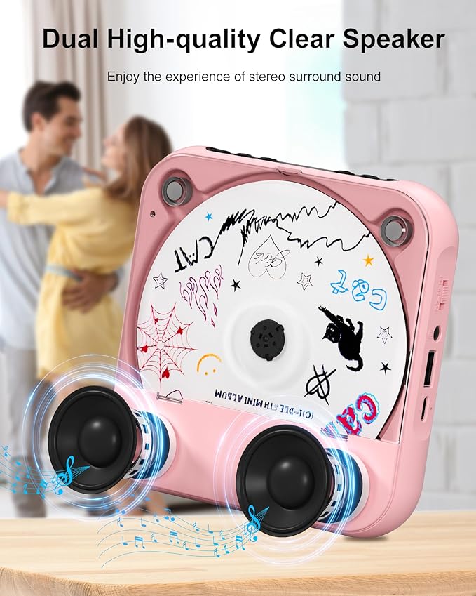 ENVYCLOUD CD Player Portable with Dual Stereo Speakers, Rechargeable Portable CD Player with Bluetooth for Home with Headphones, Support CD/AUX/USB,Pink