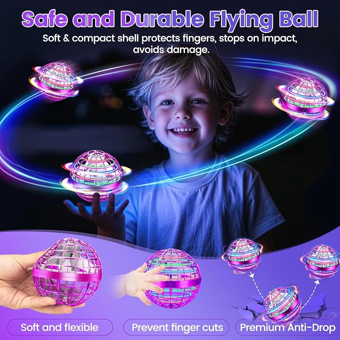 Flying Orb Ball Toy, 2026 Upgrade Hand Controlled Hover Ball with LED Lights,360° Rotating Boomerang Globe Cool Mini Drone, Ideal Birthday&Christmas Gift for Boys Girls-Bright Purple