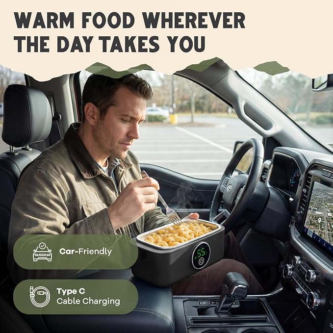 Oaktiv Lunch Box Warmer, Electric Heated Lunch Box for Adults, 4-Cup Cordless Portable Food Warmer with Scheduled Timer, Rechargeable with Insulated Bag